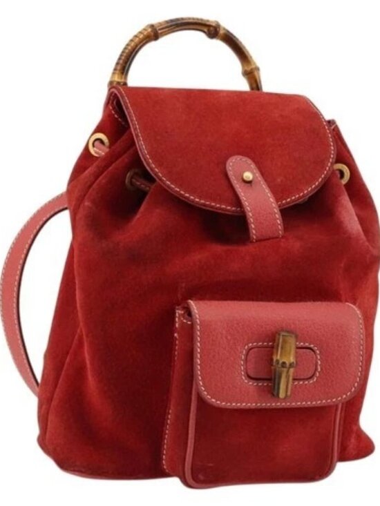 GUCCI Bamboo Backpack Suede Red Gold 003 1956 0030 Auth 179385 main image 11
